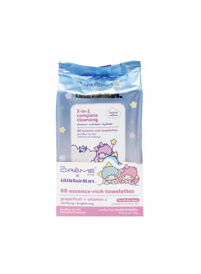 Little Twin Stars 3In1 Complete Cleansing Wipes Grapefruit Make Up Remover Cleansing Wipes Hydrating Makeup Wipes (60 Prewet Wipes)