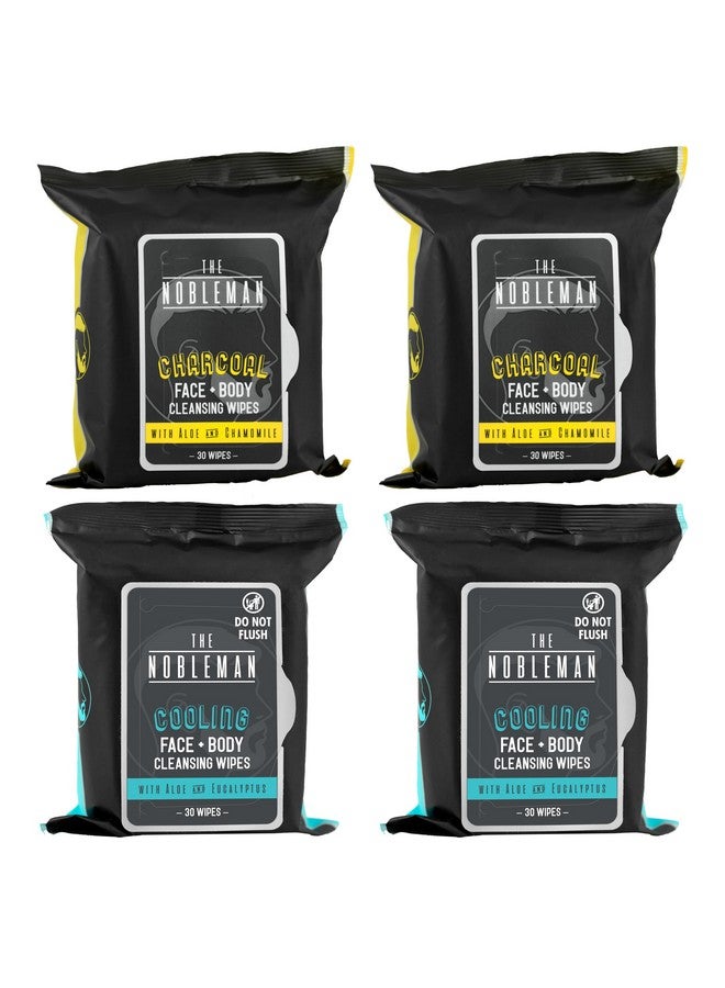 4Pack Face + Body Aloe Infused Cleansing Wipes 2 Charcoal Packs With Chamomile And 2 Cooling Packs With Eucalyptus (120 Ct.)