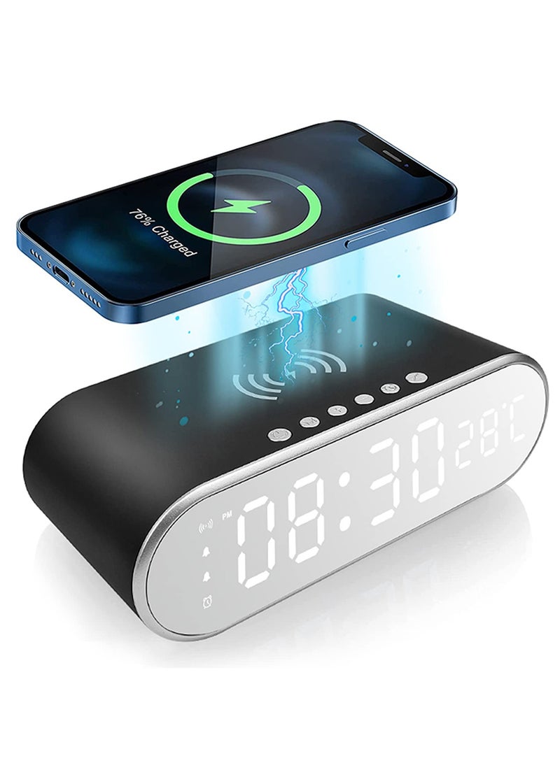 LED Digital Alarm Clock, Digital Clock with Modern Design, Digital Alarm Clock with Fast Wireless Charger, Thermometer and Time, for Bedroom, Meeting, Travel, Homework and More (Black)