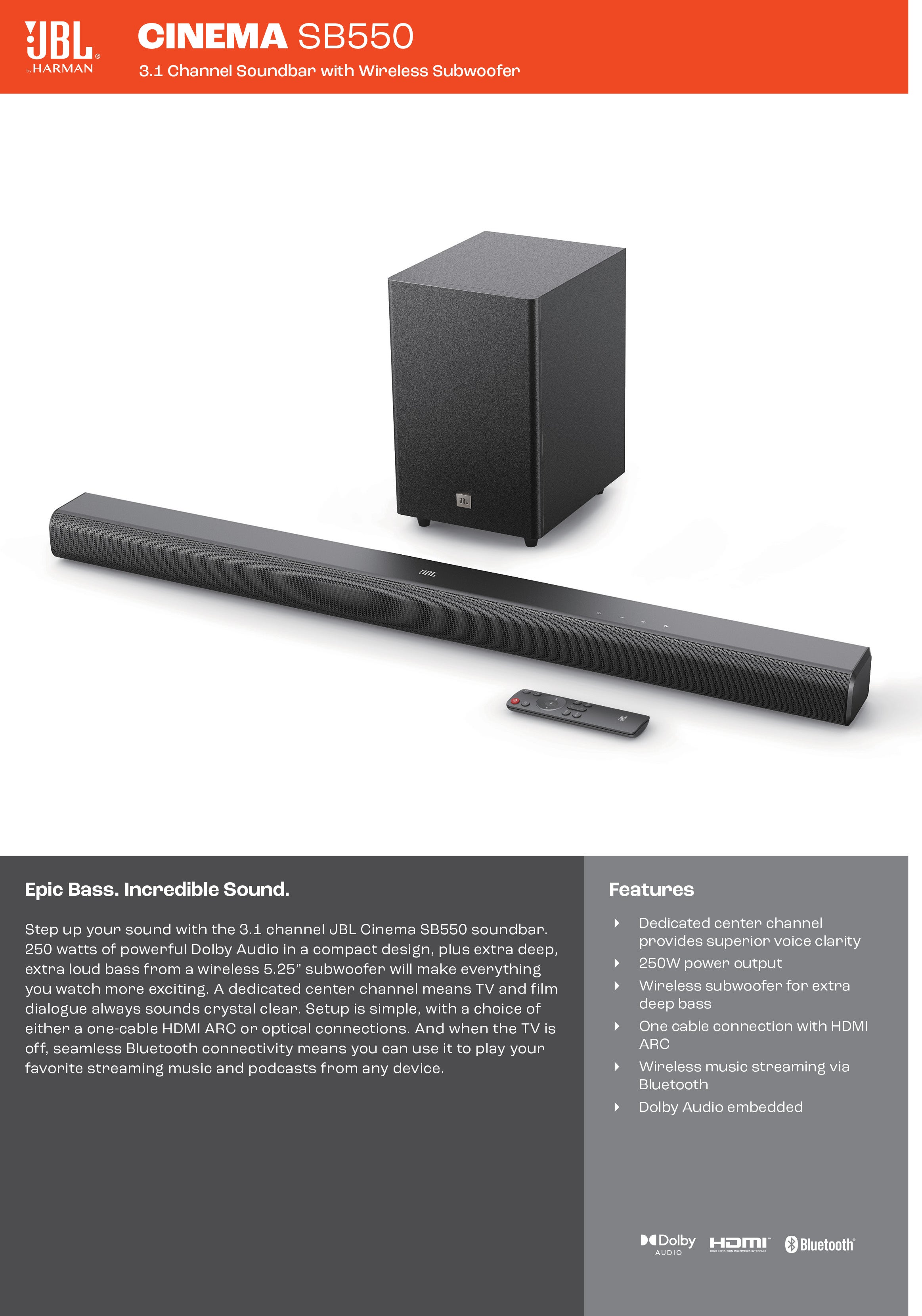 Cinema SB550 3.1 Channel Soundbar With Wireless Subwoofer JBLSB550BLKUK Black