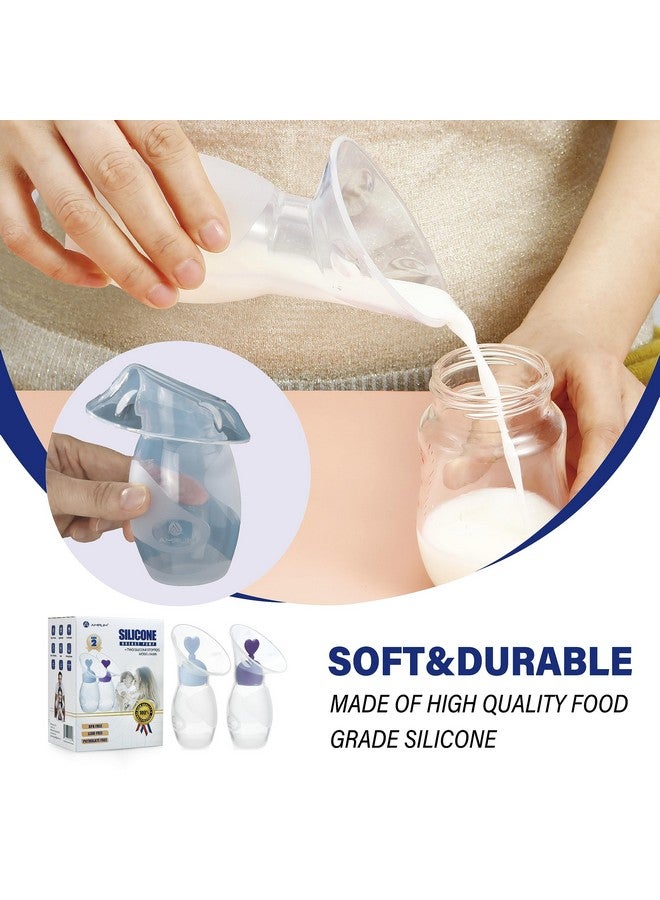 2Pack Gen 2 Manual Breast Pump/Collector For Breastfeeding With Stopper (4 Oz/100Ml) Food Grade Silicone Bpa Pvc And Phthalate Free (Blue + Purple)