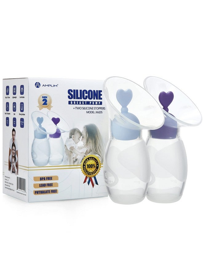 2Pack Gen 2 Manual Breast Pump/Collector For Breastfeeding With Stopper (4 Oz/100Ml) Food Grade Silicone Bpa Pvc And Phthalate Free (Blue + Purple)