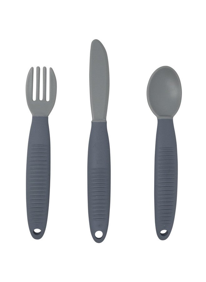 Eating Utensils For Babies & Toddlers Fork Spoon & Knife Foodgrade Silicone & Tritan Plastic Dishwasher Safe Bpa Free (Pewter)