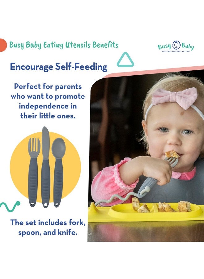 Eating Utensils For Babies & Toddlers Fork Spoon & Knife Foodgrade Silicone & Tritan Plastic Dishwasher Safe Bpa Free (Pewter)