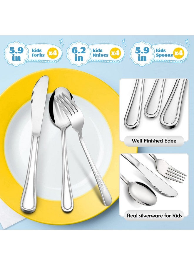 12Piece Kids Silverware Stainless Steel Toddler Kids Utensils Safe For Preschooler/Children Includes 4 Forks 4 Spoons 4 Knife Slimline Adult Look & Small Size Rust Free & Dishwasher Safe