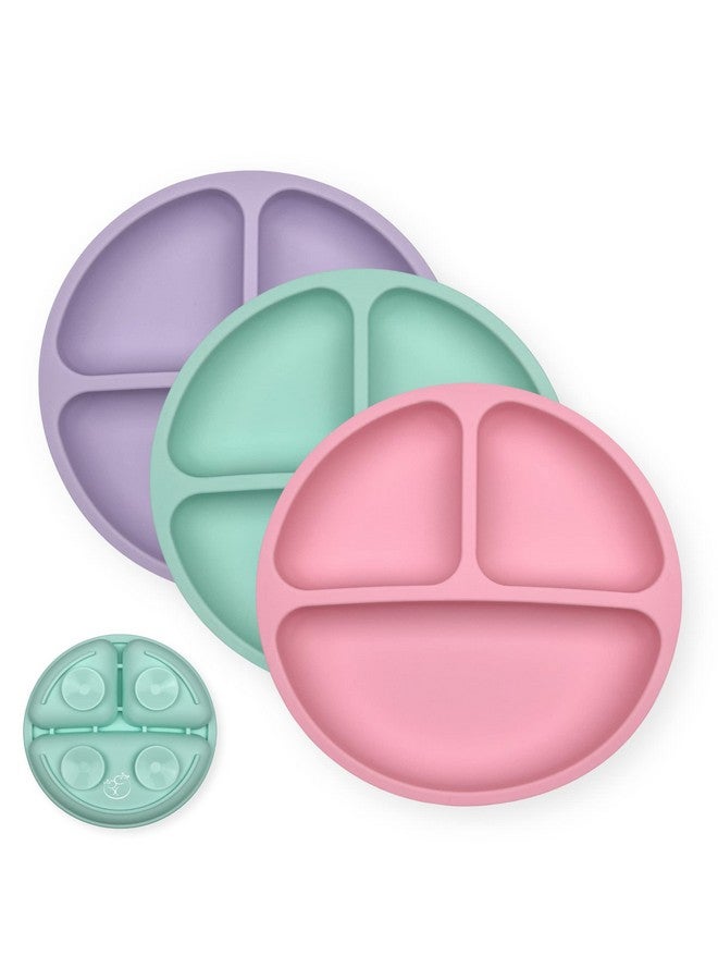 Toddler Plates With Suction Baby Plates 100% Foodgrade Silicone Divided Plates Bpa Free Dishwasher Safe Set Of 3 (Pink/Mint/Lavender)