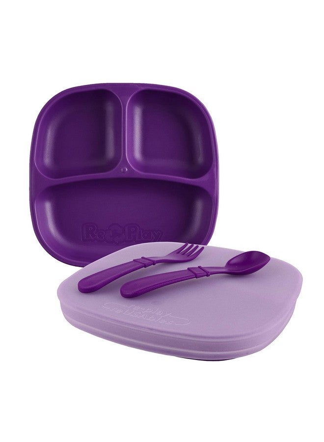 Made In Usa 5 Piece Toddler Feeding Set Includes 2 Divided Plates Silicone Storage Lid Utensils Made From Recycled Milk Jugs Amethyst