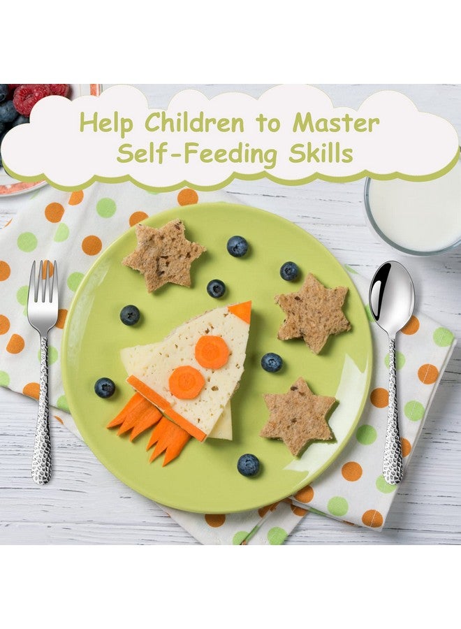 Child Utensils Stainless Steel Kids Silverware Children Spoons & Forks For Self Feeding At Home & Preschool Healthy Mirror Polished & Hammered Handle Dishwasher Safe Set Of 6