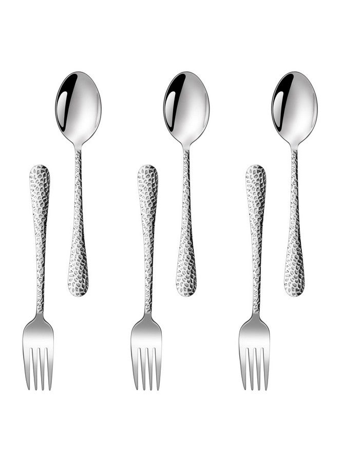 Child Utensils Stainless Steel Kids Silverware Children Spoons & Forks For Self Feeding At Home & Preschool Healthy Mirror Polished & Hammered Handle Dishwasher Safe Set Of 6