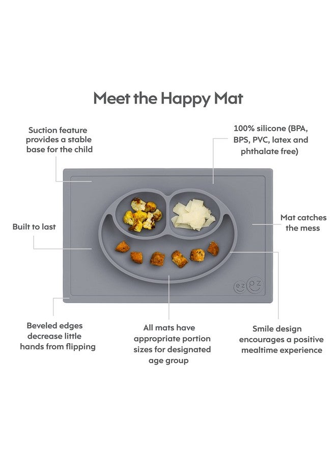 Happy Mat 24 Months+ (Gray) 100% Silicone Suction Plate With Builtin Placemat For Toddlers + Preschoolers Divided Toddler Plates Toddler Essentials