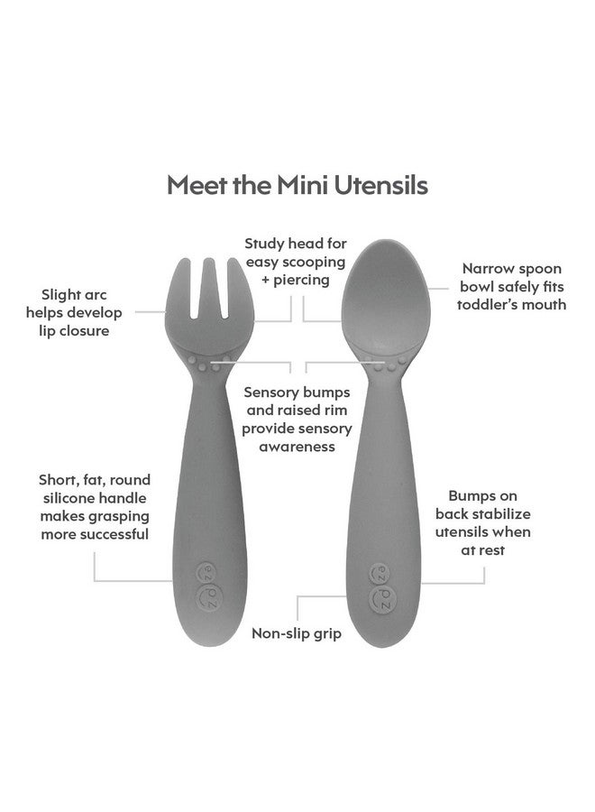 Mini Utensils 12 Months+ (Fork & Spoon In Gray) 100% Bpa Free Fork And Spoon Toddler Utensils Designed By A Pediatric Feeding Specialist