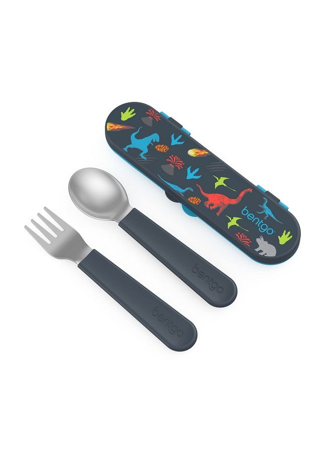 Kids Stainless Steel Utensil Set Reusable Fork Spoon & Storage Case Highgrade Bpafree Stainless Steel Easygrip Handles Dishwasher Safe For School Lunch Travel & Outdoors (Dinosaur)