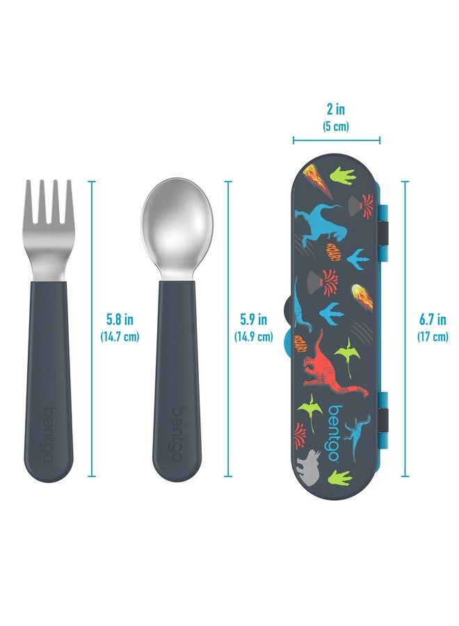 Kids Stainless Steel Utensil Set Reusable Fork Spoon & Storage Case Highgrade Bpafree Stainless Steel Easygrip Handles Dishwasher Safe For School Lunch Travel & Outdoors (Dinosaur)