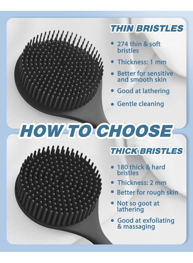 Silicone Back Scrubber For Shower(Thick Bristles) Body Scrubber With 15'' Long Handle Light & Easytohold Shower Brush For Skin Exfoliating And Massaging Not Good In Lathering.(Black)