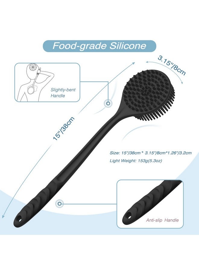 Silicone Back Scrubber For Shower(Thick Bristles) Body Scrubber With 15'' Long Handle Light & Easytohold Shower Brush For Skin Exfoliating And Massaging Not Good In Lathering.(Black)