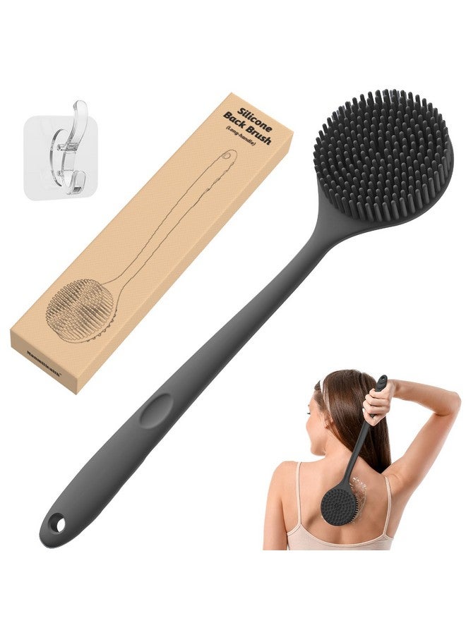 Silicone Back Scrubber For Shower(Thick Bristles) Body Scrubber With 15'' Long Handle Light & Easytohold Shower Brush For Skin Exfoliating And Massaging Not Good In Lathering.(Black)