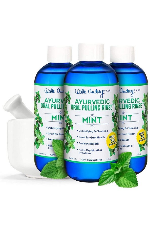 Ayurvedic Organic Oil Pulling For Teeth And Gums Refreshing Mint Flavored Oral Rinse Mouthwash Essential Oils For Bad Breath Whitening Teeth & Fresh Breath (3 Pack8Oz)