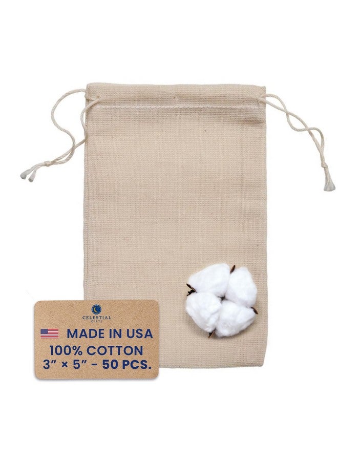 Muslin Bags Drawstring Bags Small 50Pcs 3X5 Reusable Tea Bags Jewelry Gift Spice And Cotton Gift Sachet Bags 100% Cotton Made In Usa (Natural Hem & Drawstring)