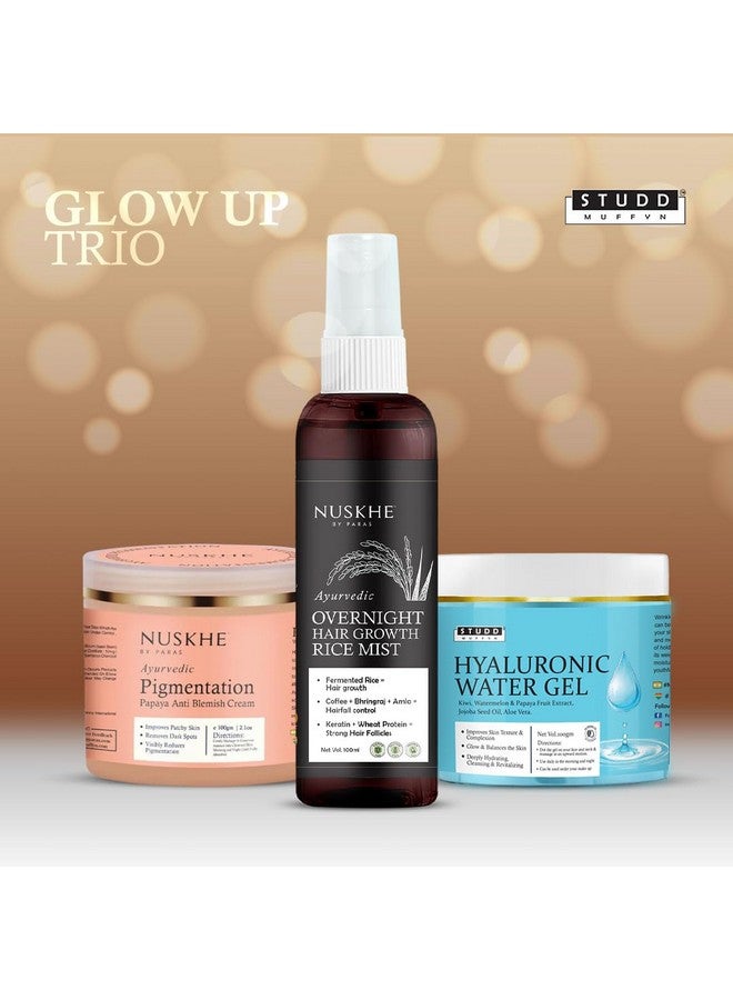 Glow Up Trio Overnight Hair Growth Rice Mist Papaya Pigmentation Cream Hyaluronic Gel 100 Ml Each