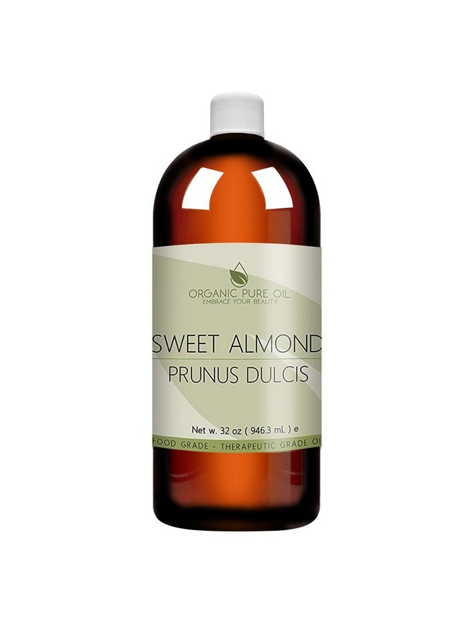Sweet Almond 100% Pure & Organic Cold Pressed Nongmo Unrefined Vegan Extra Virgin Unrefined Therapeutic Grade A 32 Oz For Face Hair Skin Body Lips By Organic Pure Oil Packaging May Vary