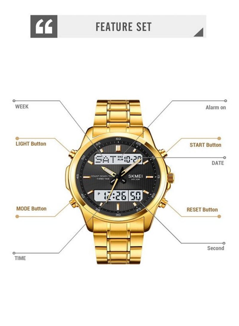 Men's Analog & Digital Gold Stainless Steel Band Wristwatch - 2049