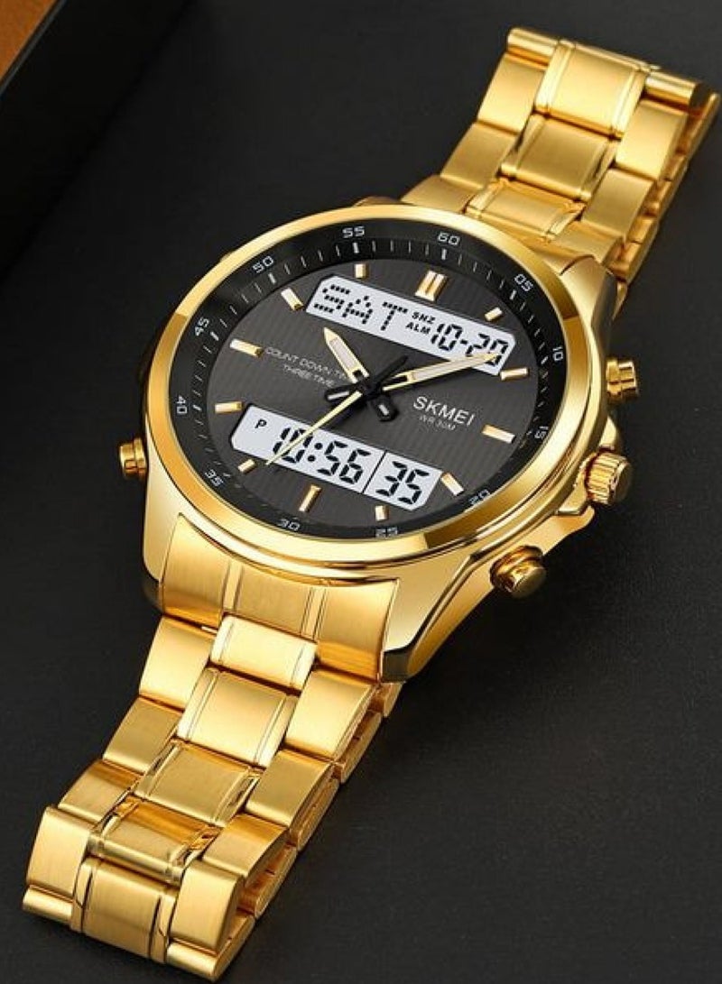 Men's Analog & Digital Gold Stainless Steel Band Wristwatch - 2049