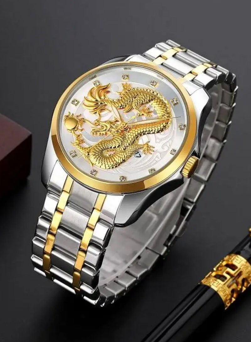 Men’s Fashion Business Dragon Luxury Gold Stainless Steel Waterproof Quartz Watches - 9193