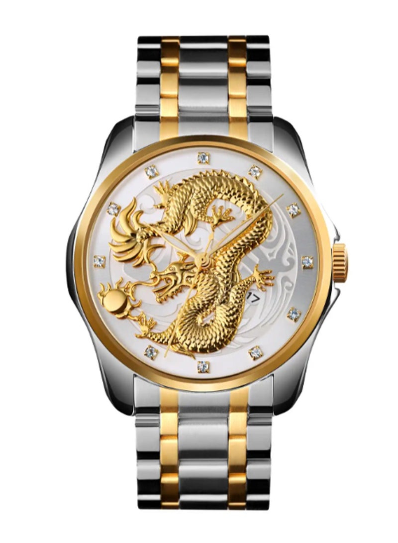 Men’s Fashion Business Dragon Luxury Gold Stainless Steel Waterproof Quartz Watches - 9193