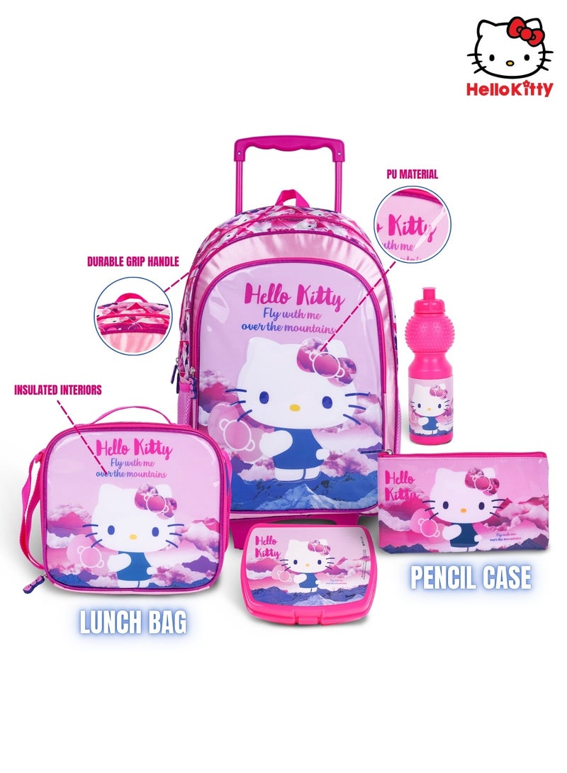 Hello Kitty 5-in-1 Trolley School Bag Set - Ergonomic Backpack, Water Bottle, Lunch Box, Insulated Bag & Pencil Case, Lightweight & Durable, for Girls 6+, Perfect for School & Travel