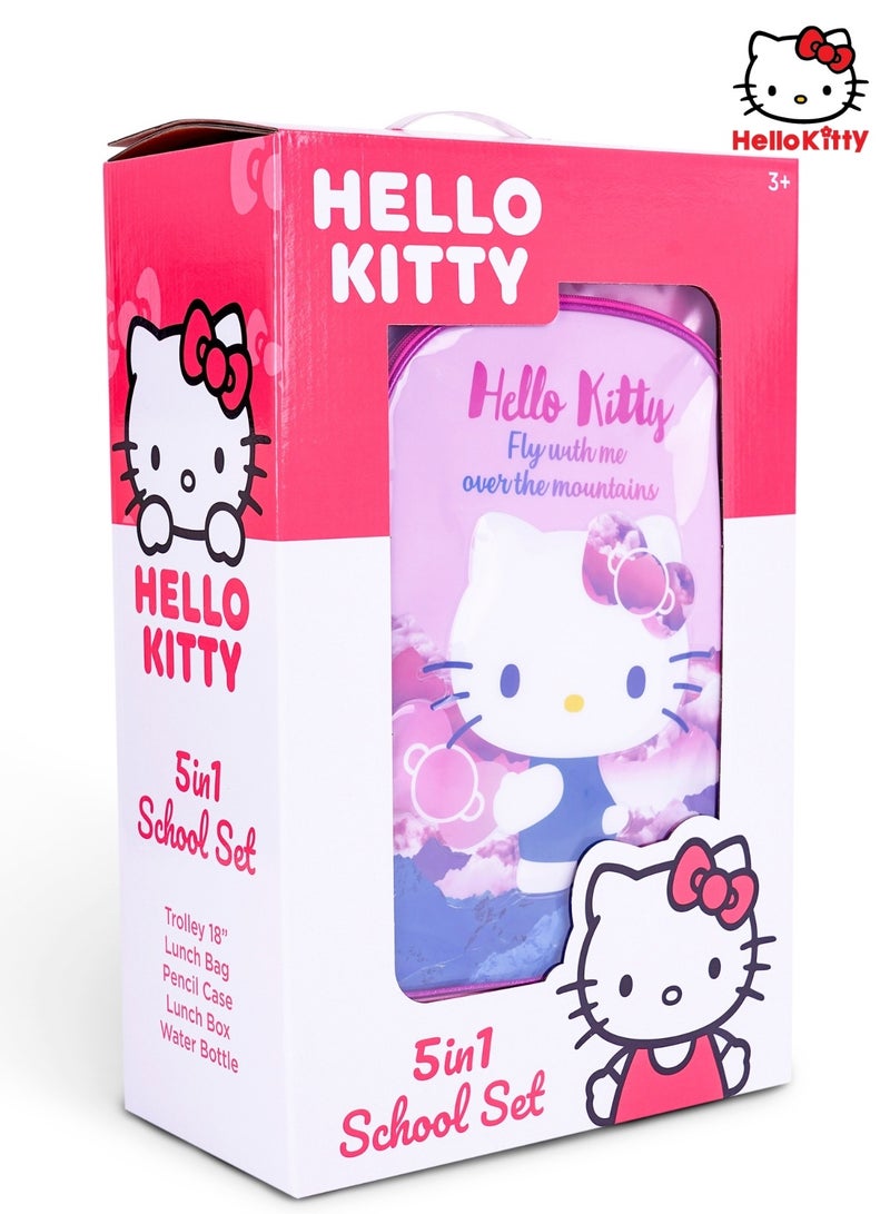 Hello Kitty 5-in-1 Trolley School Bag Set - Ergonomic Backpack, Water Bottle, Lunch Box, Insulated Bag & Pencil Case, Lightweight & Durable, for Girls 6+, Perfect for School & Travel