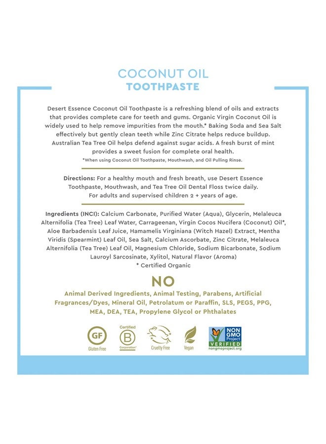 Coconut Oil Toothpaste 6.5 Oz Nongmo Gluten Free Vegan Cruelty Free Fluoride Free Coconut Oil & Pure Australian Tea Tree Oil Draws Out Impurities Freshens Breath