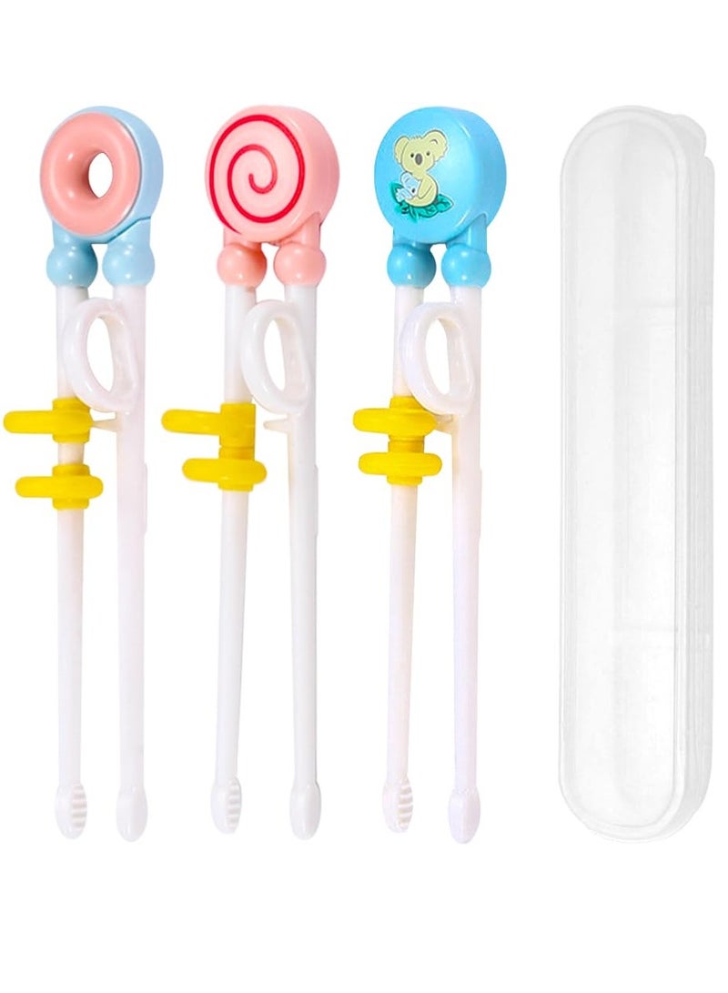 3 Pairs of Kids' Training Chopsticks with Silicone Rings, Beginner Chopsticks Set, Donut, Koala, Lollipop with Storage Box