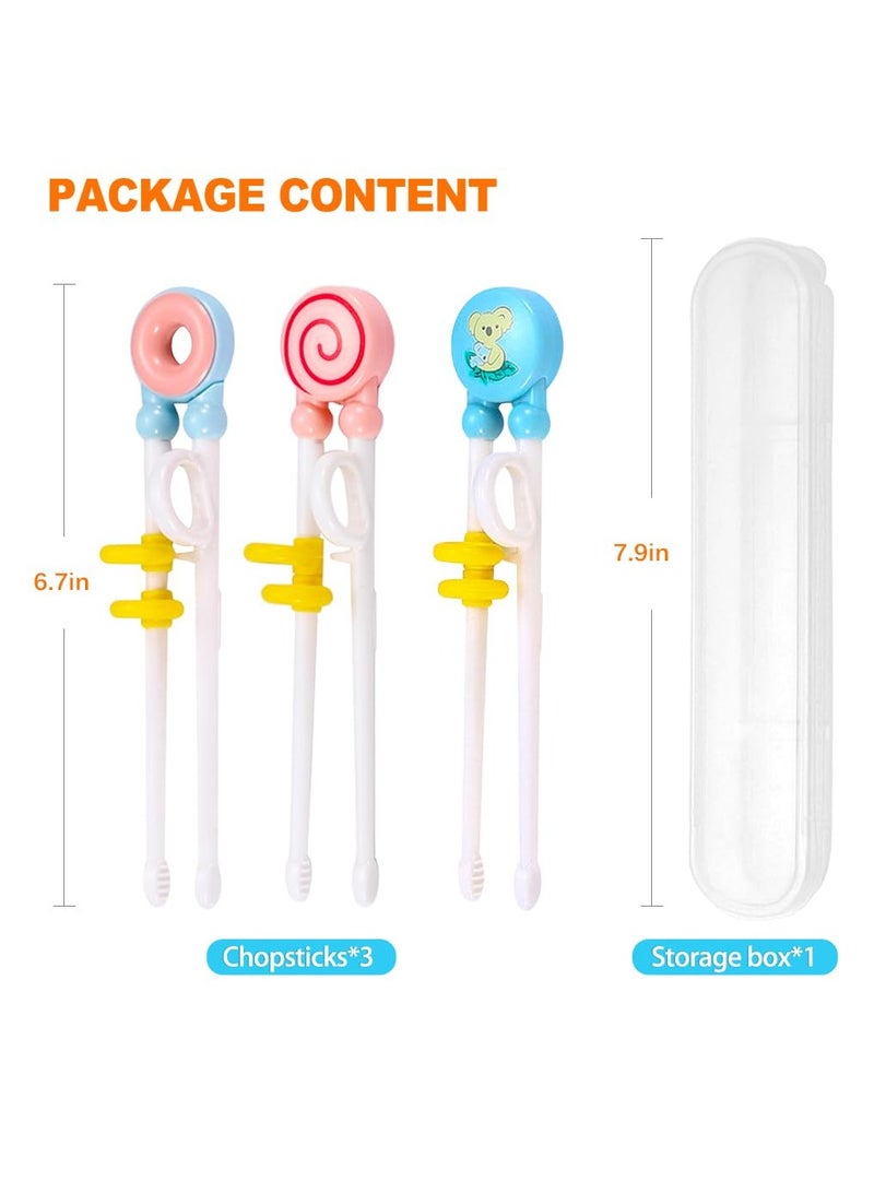 3 Pairs of Kids' Training Chopsticks with Silicone Rings, Beginner Chopsticks Set, Donut, Koala, Lollipop with Storage Box