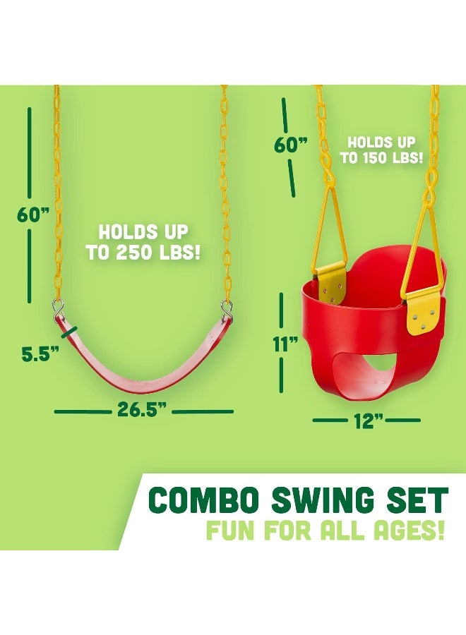 Squirrel Products Combo - High Back Full Bucket Swing (Triangle and Chain Dip) and Heavy-Duty Swing Seat with Carabiners- Red