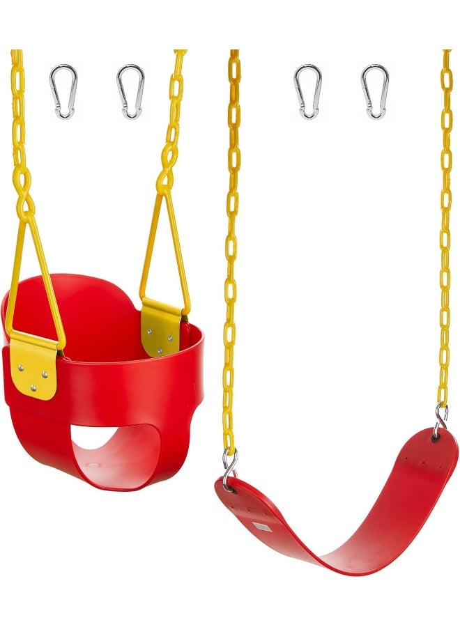 Squirrel Products Combo - High Back Full Bucket Swing (Triangle and Chain Dip) and Heavy-Duty Swing Seat with Carabiners- Red