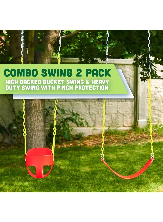 Squirrel Products Combo - High Back Full Bucket Swing (Triangle and Chain Dip) and Heavy-Duty Swing Seat with Carabiners- Red