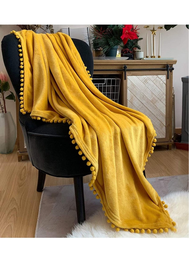 Soft Throw Blanket with Pompom Fringe Flannel Bed or Sofa