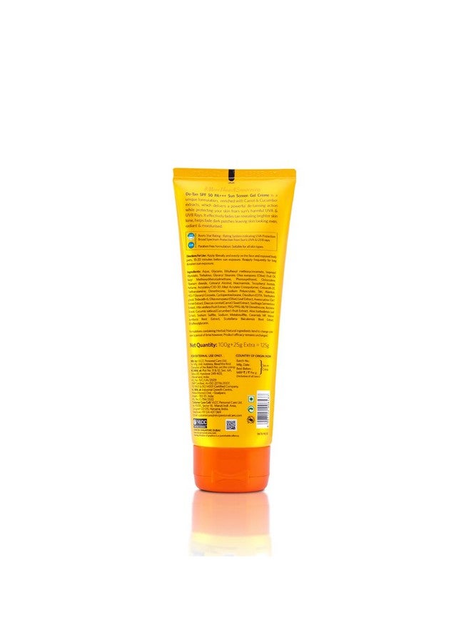 Detan Spf 50 Pa+++ Sunscreen Gel Crème 100G With Cucumber Carrot And Saxifraga Extracts Enhances Glow Protects From Uva Uvb Rays And Help Reduce Dark Patches. All