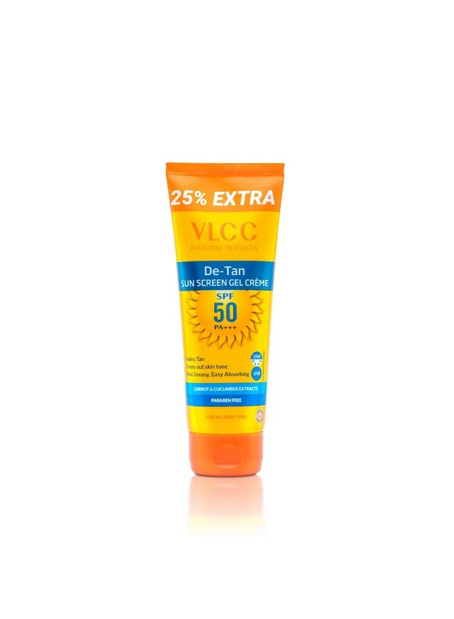 Detan Spf 50 Pa+++ Sunscreen Gel Crème 100G With Cucumber Carrot And Saxifraga Extracts Enhances Glow Protects From Uva Uvb Rays And Help Reduce Dark Patches. All