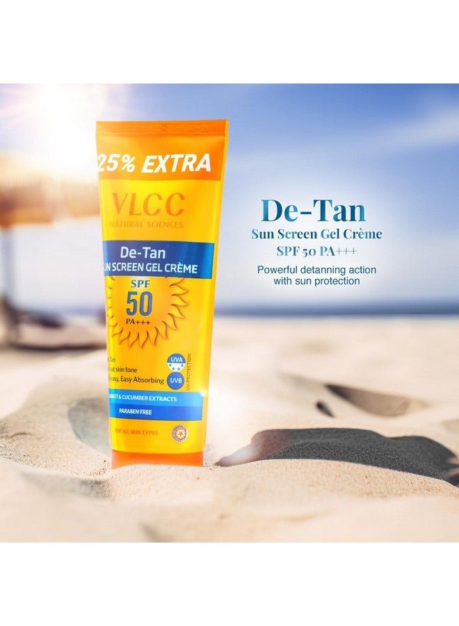 Detan Spf 50 Pa+++ Sunscreen Gel Crème 100G With Cucumber Carrot And Saxifraga Extracts Enhances Glow Protects From Uva Uvb Rays And Help Reduce Dark Patches. All