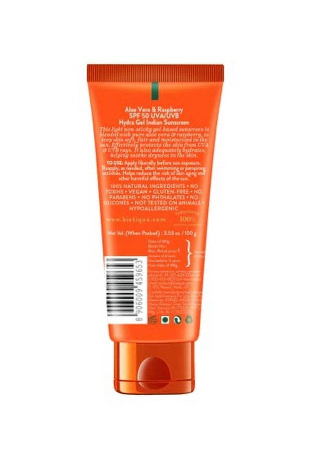 Men & Women Aloe Vera & Raspberry Spf 50 Non Sticky Hydra Gel Sunscreen For All Skin Types For Indian Skin Protects From Uva & Uvb Rays & 100G Pack Of 1