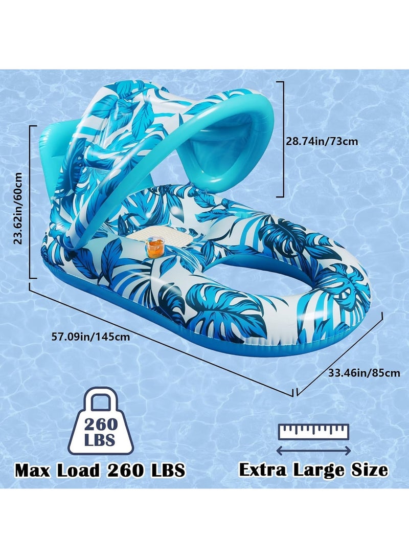Inflatable Pool Lounger Float for Adult Water Floating Recliner Chair Pool Chair Raft with Adjustable Sun Shade Cover Water Floaty with Backrest for Swimming Pool Beach Water Amusement Park