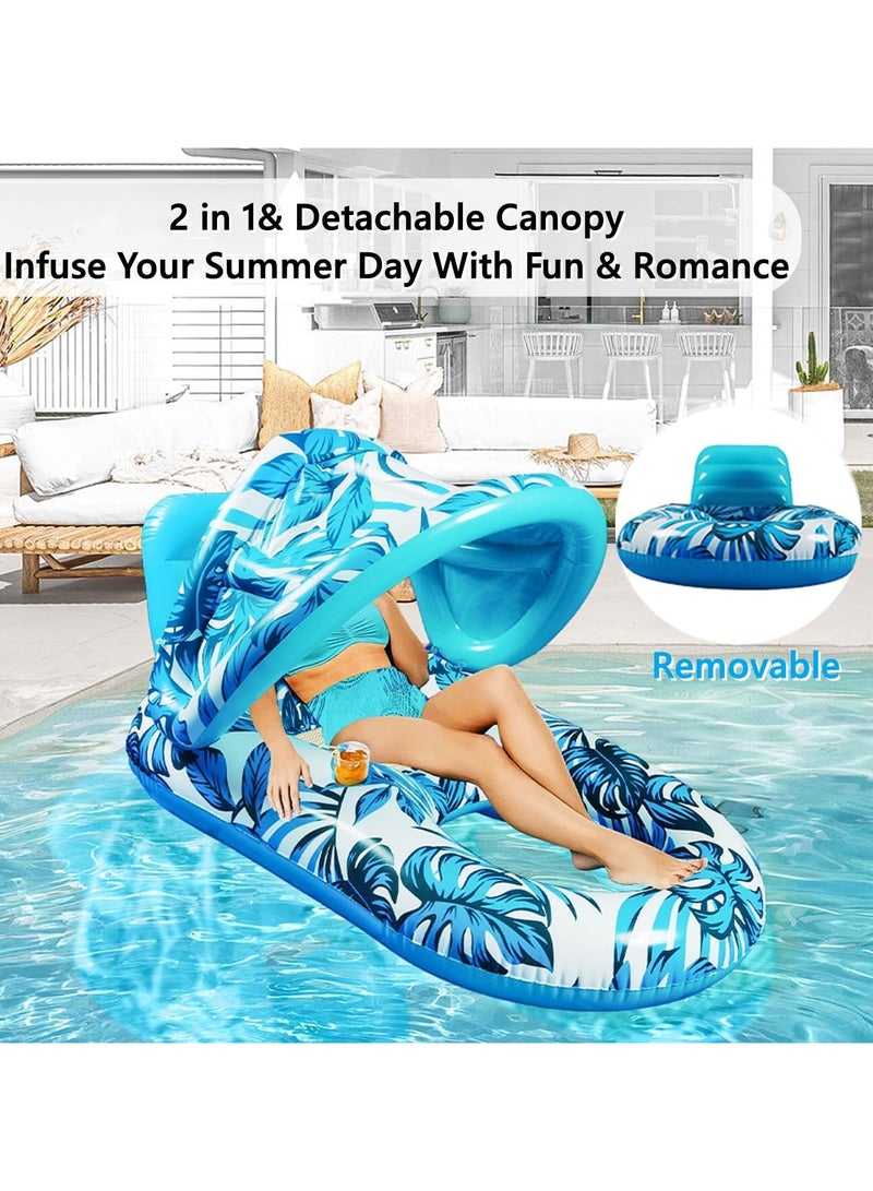 Inflatable Pool Lounger Float for Adult Water Floating Recliner Chair Pool Chair Raft with Adjustable Sun Shade Cover Water Floaty with Backrest for Swimming Pool Beach Water Amusement Park