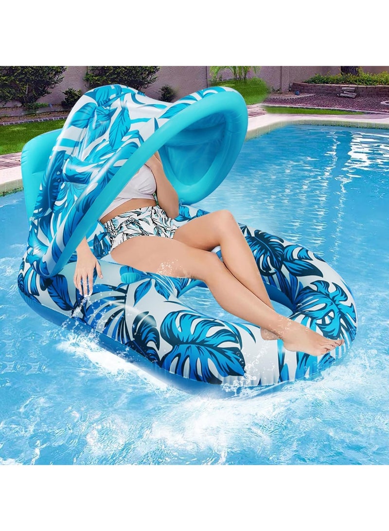 Inflatable Pool Lounger Float for Adult Water Floating Recliner Chair Pool Chair Raft with Adjustable Sun Shade Cover Water Floaty with Backrest for Swimming Pool Beach Water Amusement Park