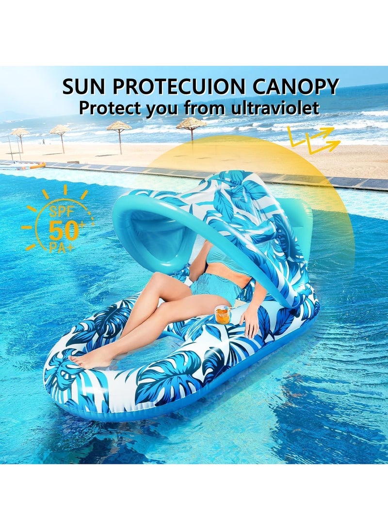 Inflatable Pool Lounger Float for Adult Water Floating Recliner Chair Pool Chair Raft with Adjustable Sun Shade Cover Water Floaty with Backrest for Swimming Pool Beach Water Amusement Park