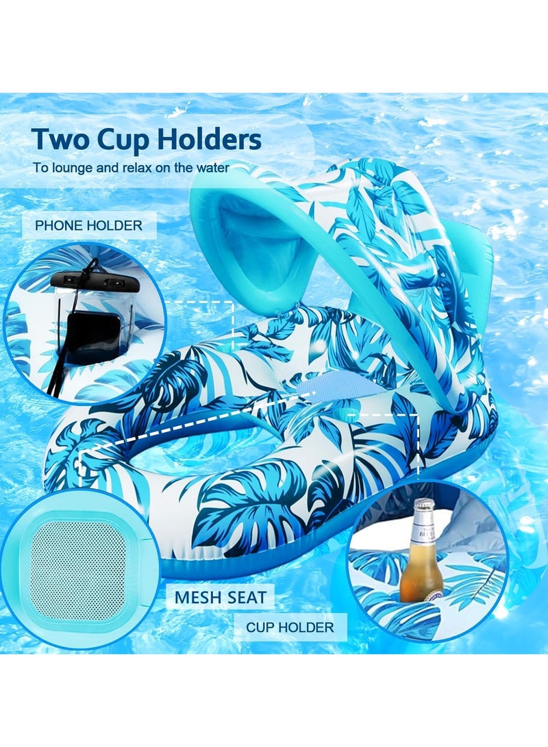 Inflatable Pool Lounger Float for Adult Water Floating Recliner Chair Pool Chair Raft with Adjustable Sun Shade Cover Water Floaty with Backrest for Swimming Pool Beach Water Amusement Park