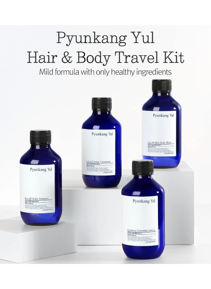 PYUNKANG YUL Hair&Body Travel Kit | Shampoo, Conditioner, Body Wash, Lotion, Spa Kit, 4 items | Low pH, Moisturizing, Soothing, Refreshing, Fragrance Free | Korean Skin Care | 3.38 Fl.Oz. x 4ea