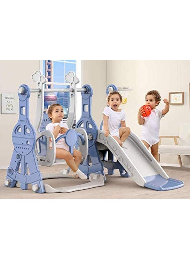 RBW TOYS Toddler Freestanding Slides Mini Multi-Function Slide and Swing Playset Plastic Toy Infants Playground Basketball Hoop Blue Slide For Kids