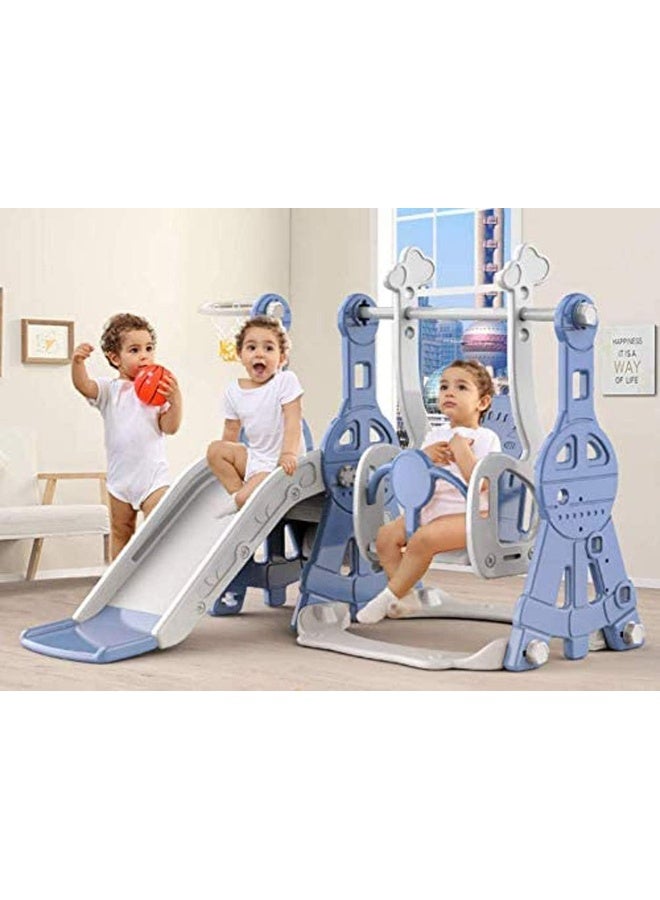 RBW TOYS Toddler Freestanding Slides Mini Multi-Function Slide and Swing Playset Plastic Toy Infants Playground Basketball Hoop Blue Slide For Kids