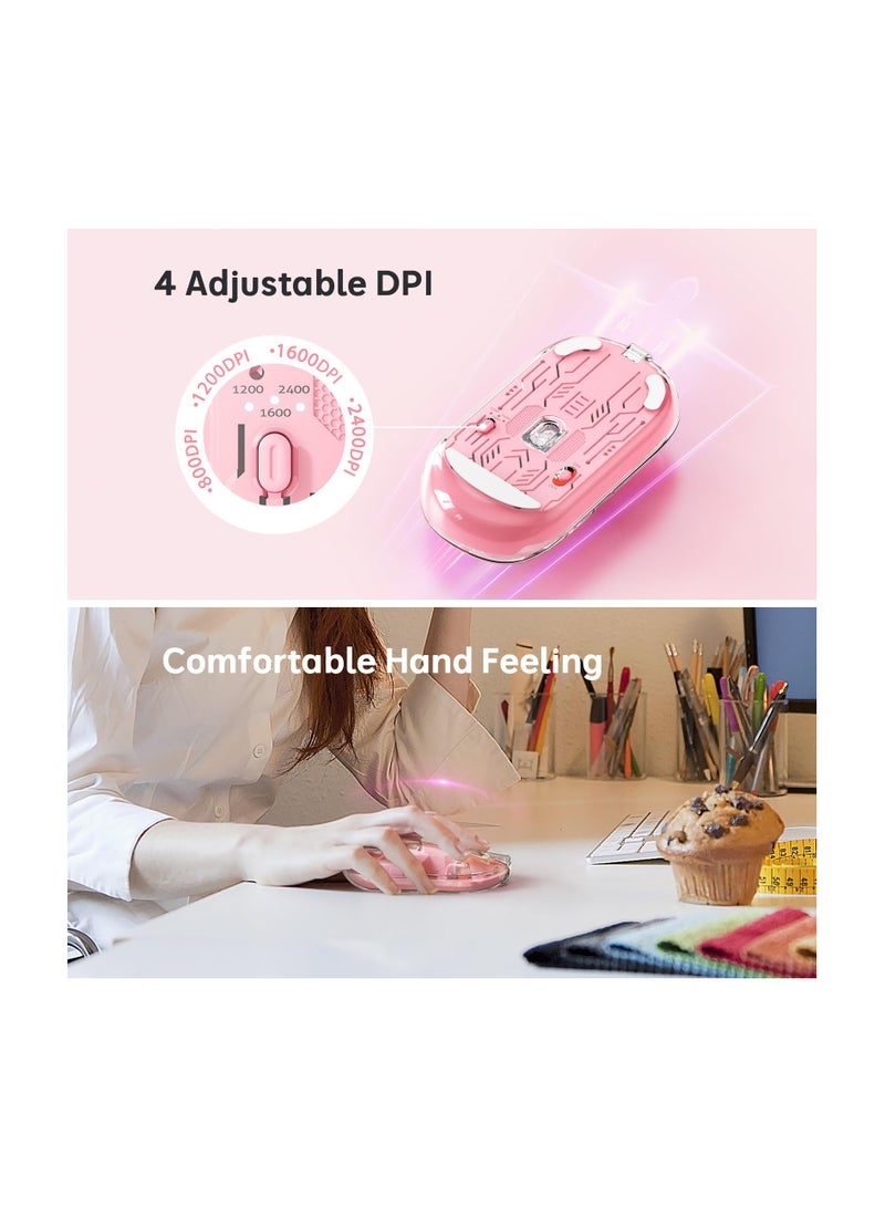 Wireless Mouse Rechargeable, Multi Device Transparent Bluetooth Mouse, Slim Mouse with USB Receiver, 4 Adjustable DPI Small Mouse Silent Click for PC, Laptop, Notebook, Mac, iPad - Pink